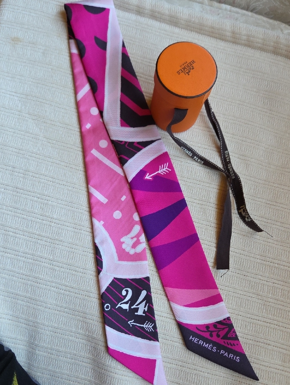 Hermès Pink & Purple Silk Twilly with Graphic Motif